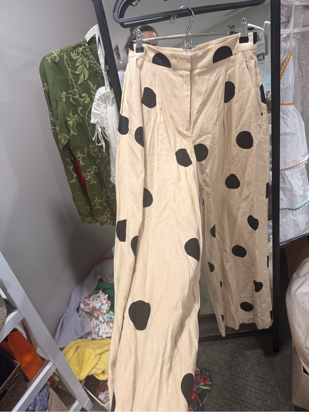Tanya Taylor Beige Wide-Leg Pants with Black Polka Dots - Picture 4 of 9